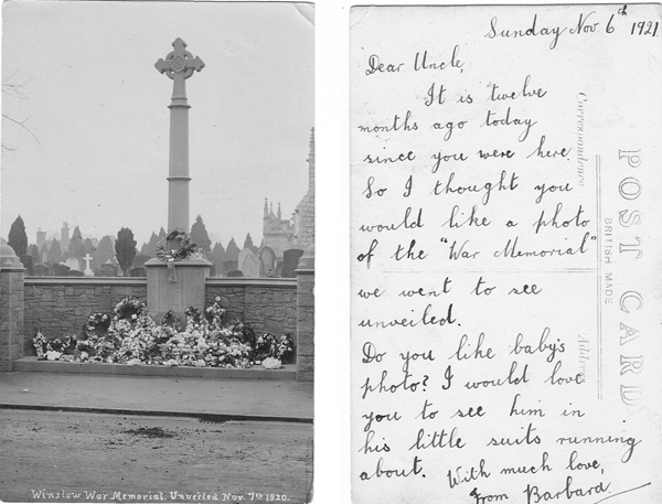 War Memorial with wreaths, handwritten text on reverse